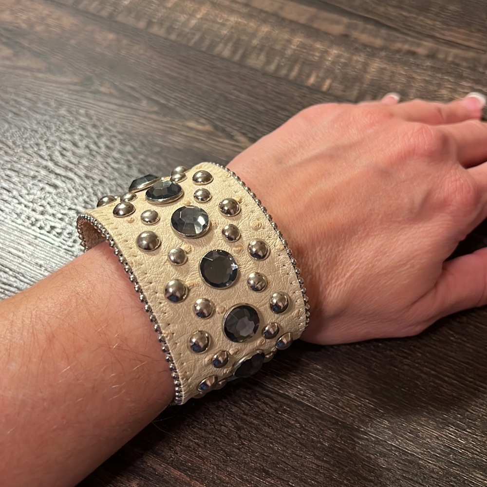 Cream Genuine Leather Studded Cuff